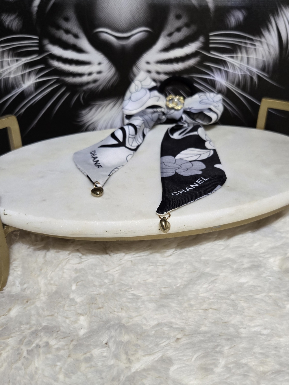 Unlisted Black & White Floral Bow Hair Scarf with Gold Charm